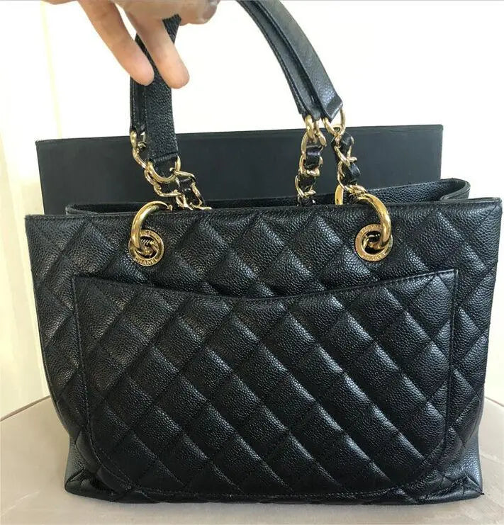 Authentic Chanel CC BlackGold Caviar Quilted Grand Shopping Tote mysite