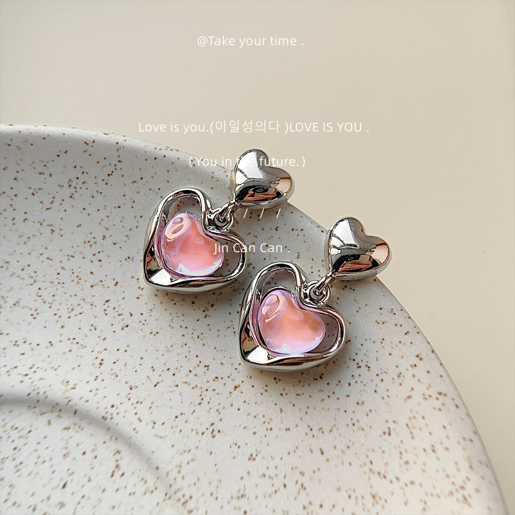Iridescent Pink Heart Drop Earrings – French Sweet Chic with Edgy Twist accessories mysite