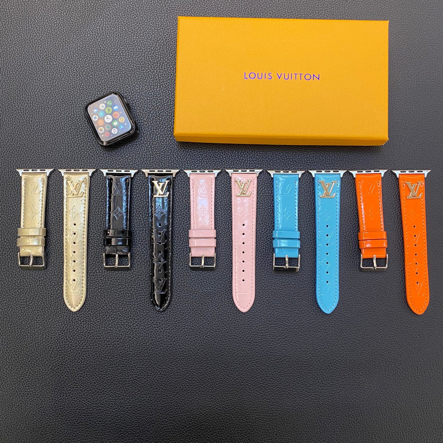 GLOSSY LEATHER APPLE WATCH STRAP LUXURY METAL LOGOs-1 mysite