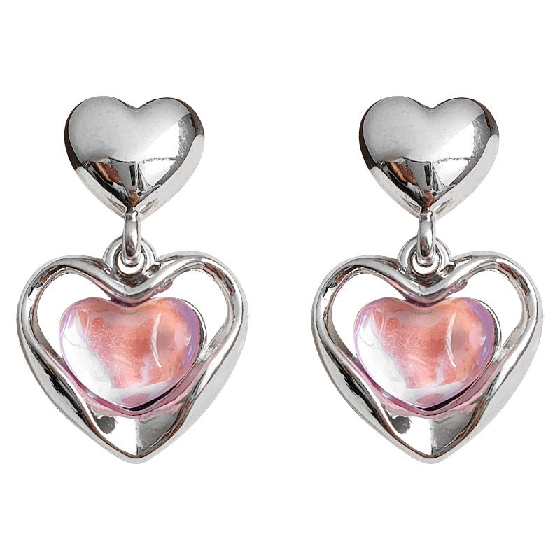 Iridescent Pink Heart Drop Earrings – French Sweet Chic with Edgy Twist accessories mysite