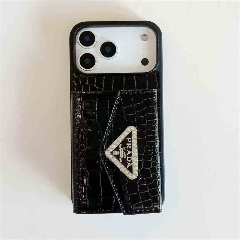 Elegant Prada Apple Phone Case with Card Holder For iPhone 17 / 16 / 15 / 14s mysite