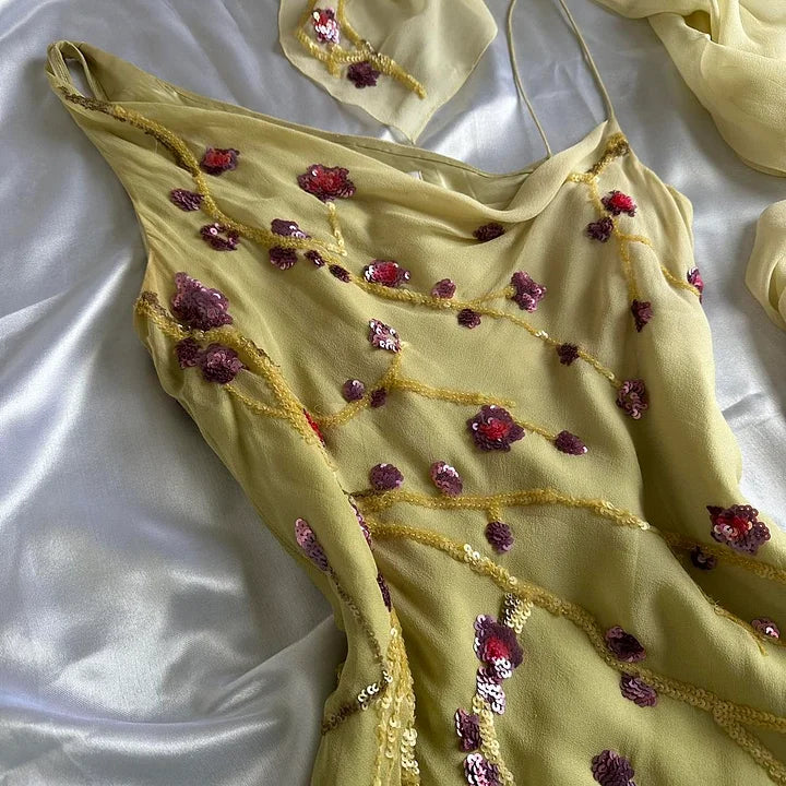 Yellow Green gorgeous exquisite vintage embroidered spaghetti strap long ball gown prom dress evening gown gh2932s mysite