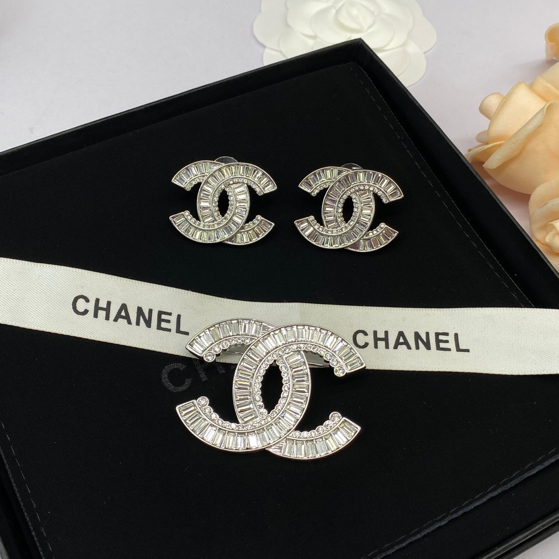 Crystal Baguette Silver Brooch and Earrings-1-s mysite