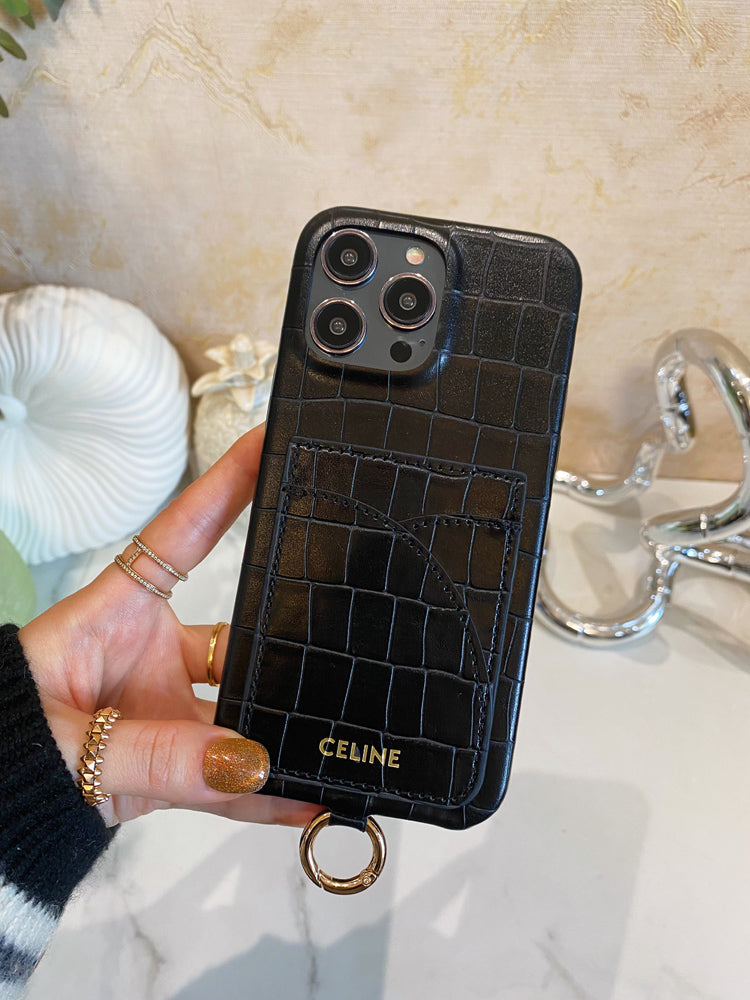 Alligator Print Celine iPhone Case With Card Holder And Strap Blcak -EYP2414151 mysite