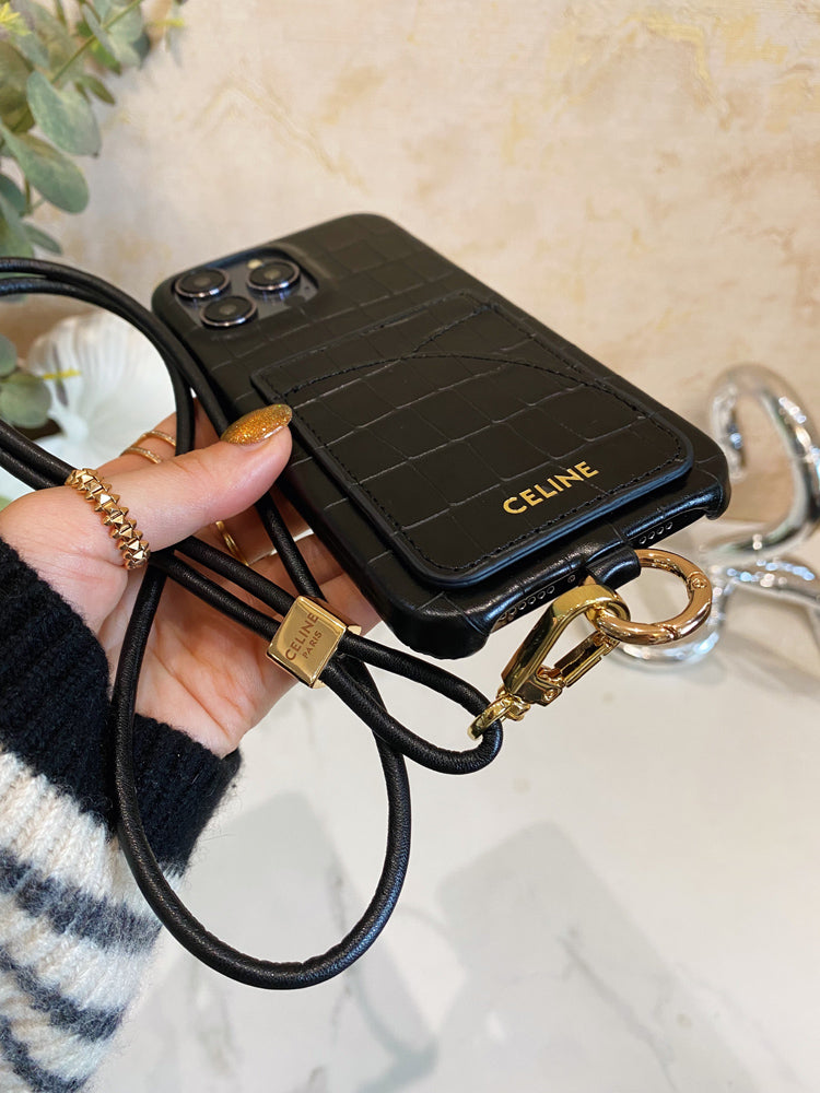 Alligator Print Celine iPhone Case With Card Holder And Strap Blcak -EYP2414151 mysite
