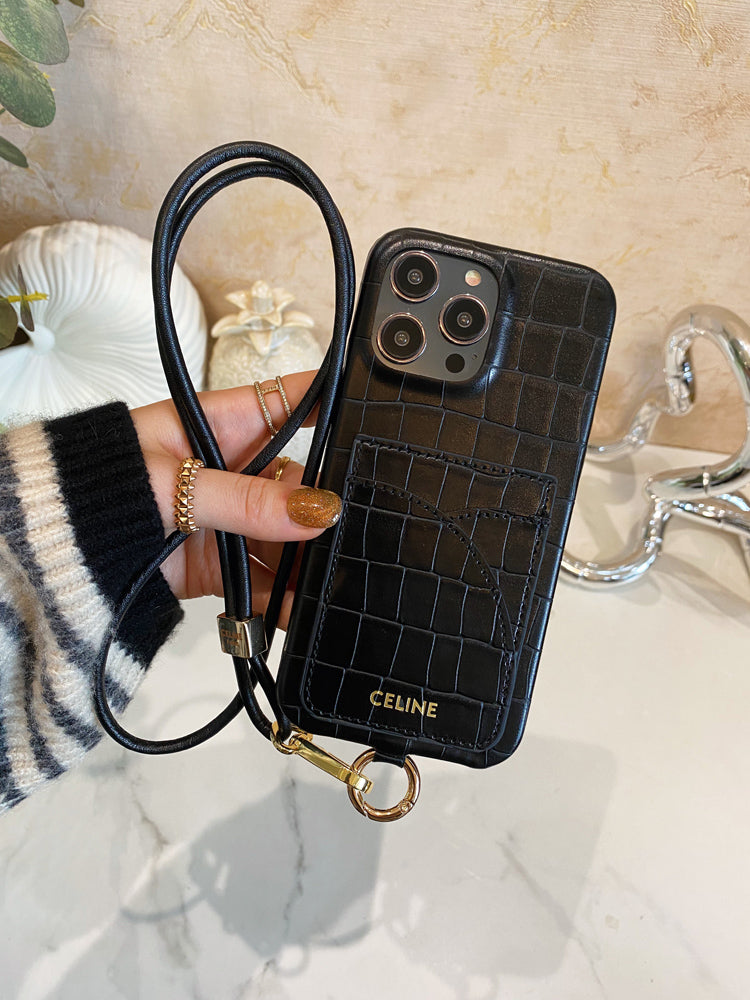 Alligator Print Celine iPhone Case With Card Holder And Strap Blcak -EYP2414151 mysite