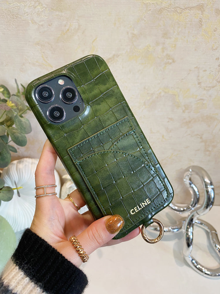 Alligator Print Celine iPhone Case With Card Holder And Strap Green -EYP2414151 mysite