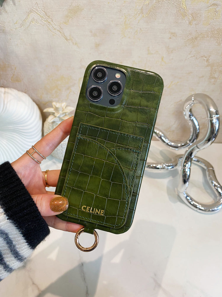 Alligator Print Celine iPhone Case With Card Holder And Strap Green -EYP2414151 mysite