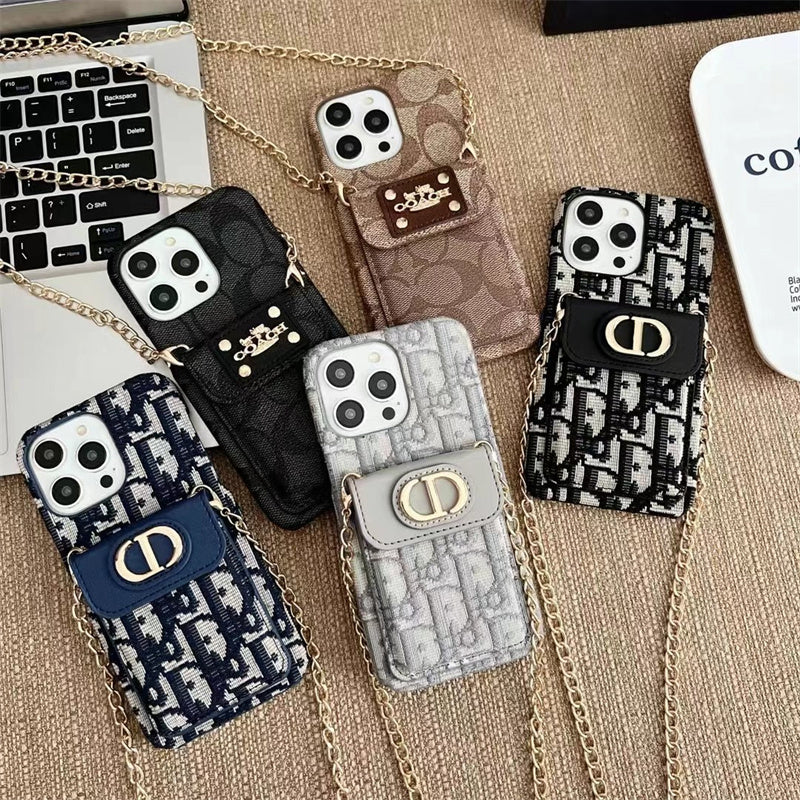 Dior Luxury iPhone Case with Chain, Card Slot, and Metal Logos mysite
