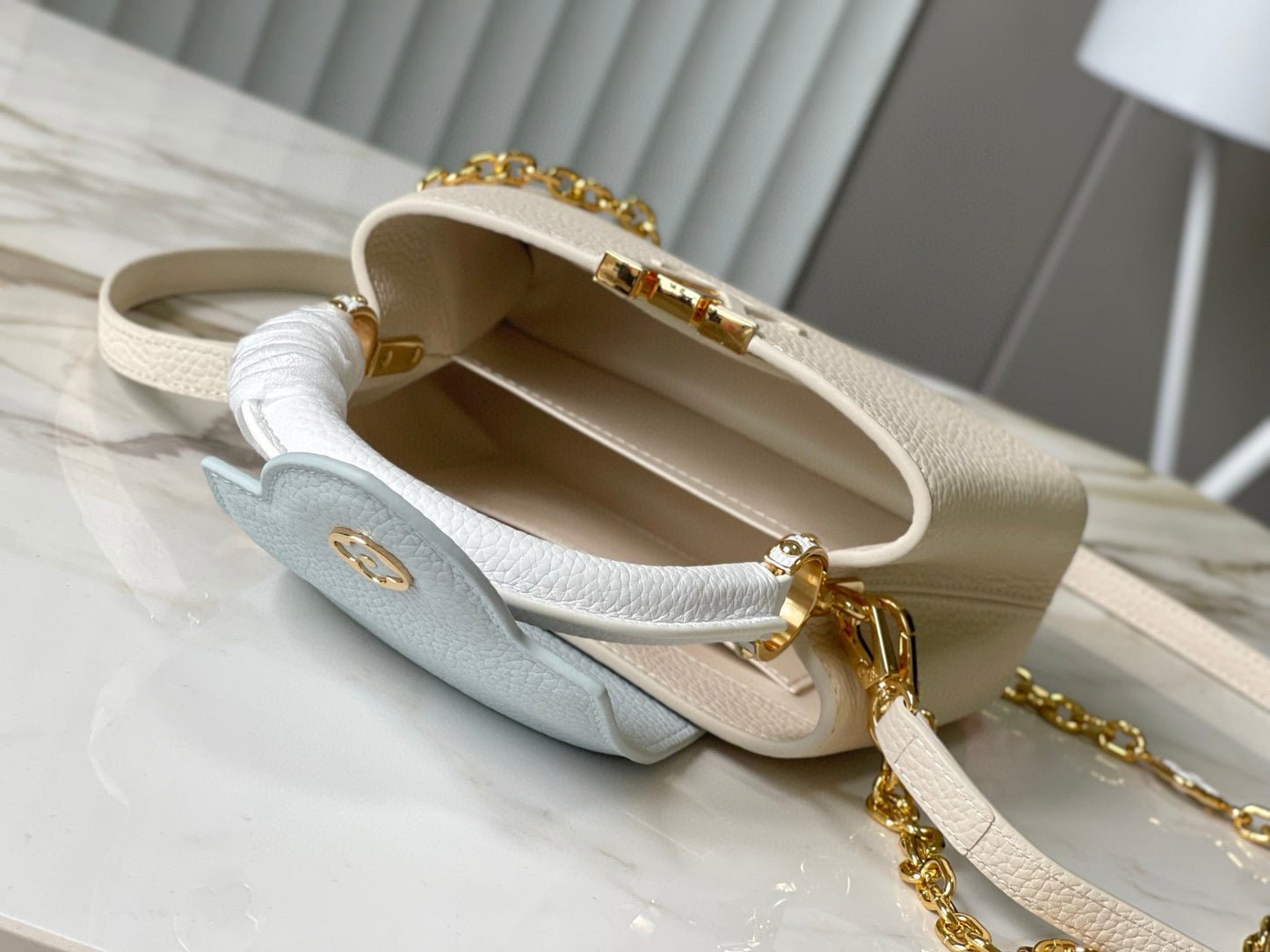 CAPUCINES MINI 21 CREAM CLOUD BLUE TAURILLON GOLD  HARDWARE mysite