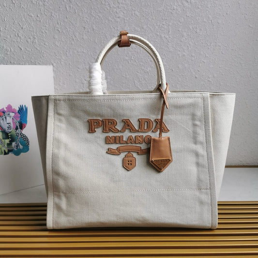 Prada Whitte Canvas shopping bag leather trim mysite