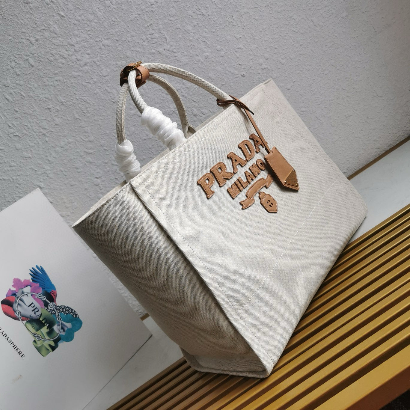 Prada Whitte Canvas shopping bag leather trim mysite