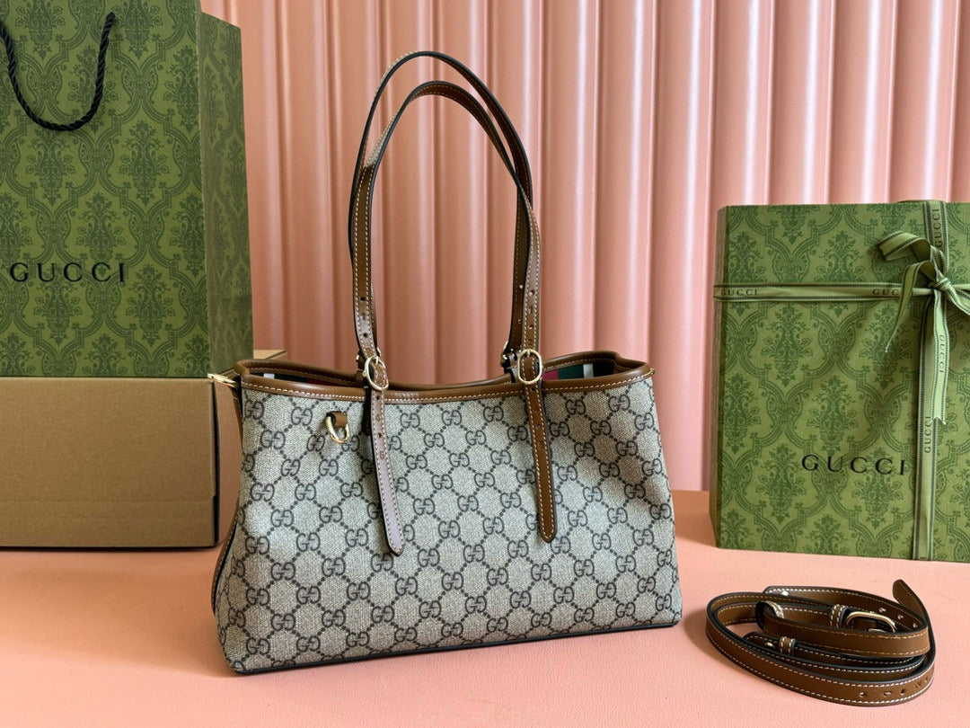 Gucci GG Emblem Small Tote Bag Beige Ebony Leather mysite