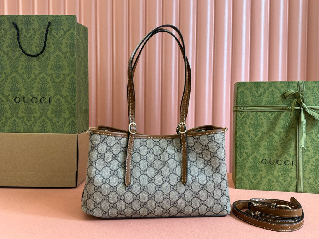 Gucci GG Emblem Small Tote Bag Beige Ebony Leather mysite