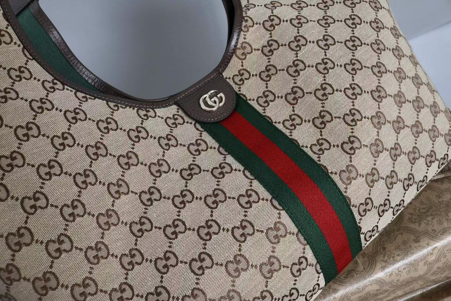 Gucci Giglio Large Tote Bag Beige and Red Denim mysite