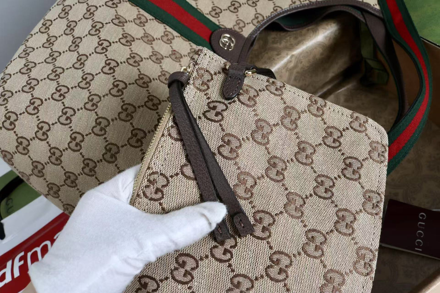 Gucci Giglio Large Tote Bag Beige and Red Denim mysite