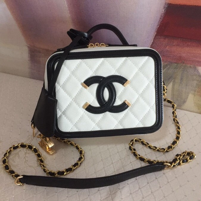 CC Filigree Vanity Case Bag Black White Quilted Caviar Leather mysite
