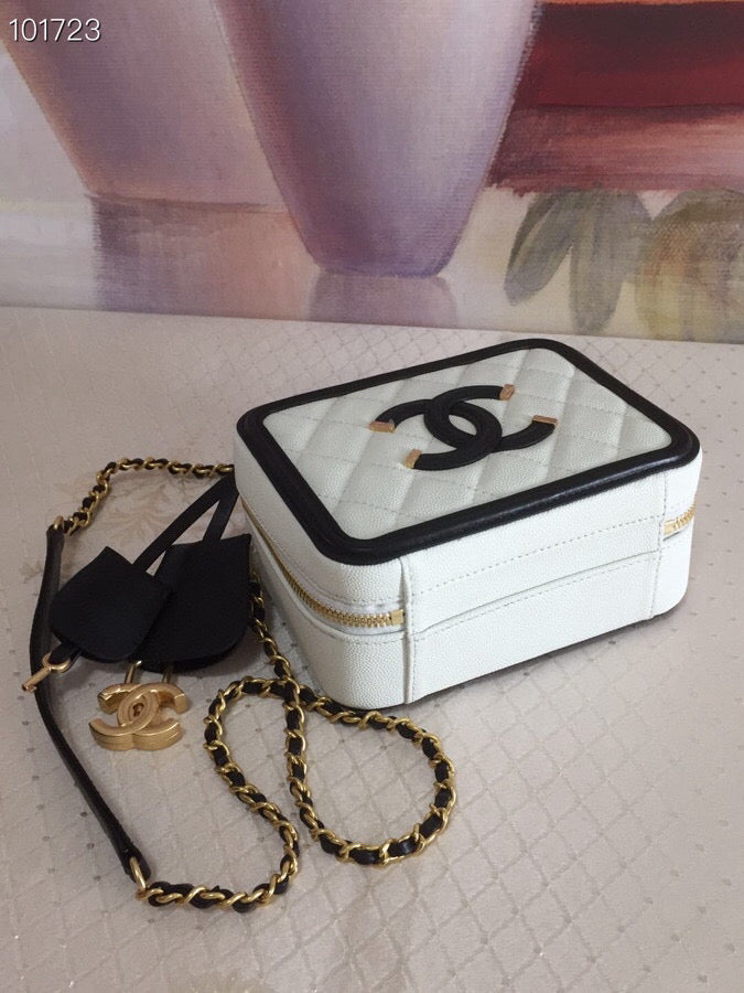 CC Filigree Vanity Case Bag Black White Quilted Caviar Leather mysite