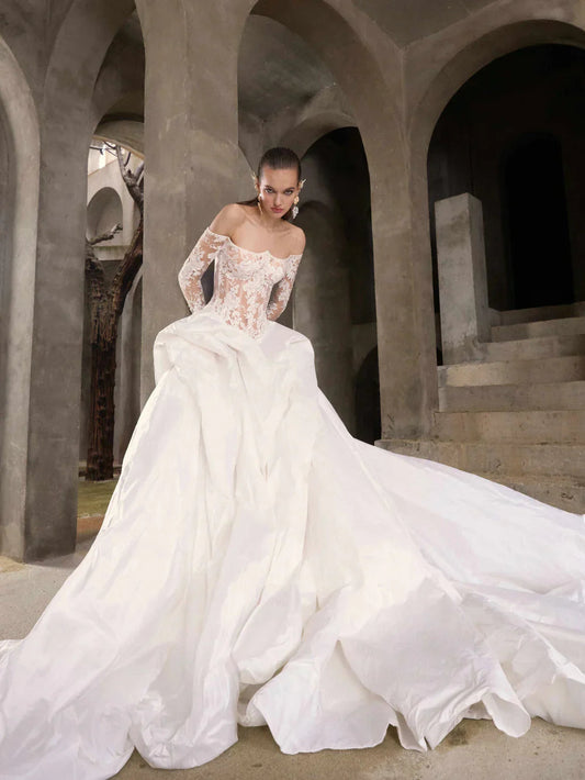 Gorgeous Lace Off-the-shoulder Long-sleeve Design A-Line Wedding Dress Ball Gown Prom Dress Evening Dress TP4597s mysite