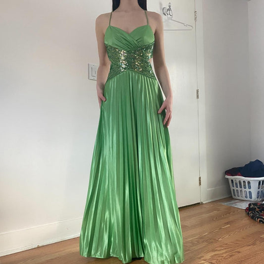 Green Vintage Fashion Playful Deep V Exquisite Beaded Sequin Camisole Long Backless Satin Fairy Ball Gown Prom Dress Evening Gown Birthday Party Dress gh3960s mysite
