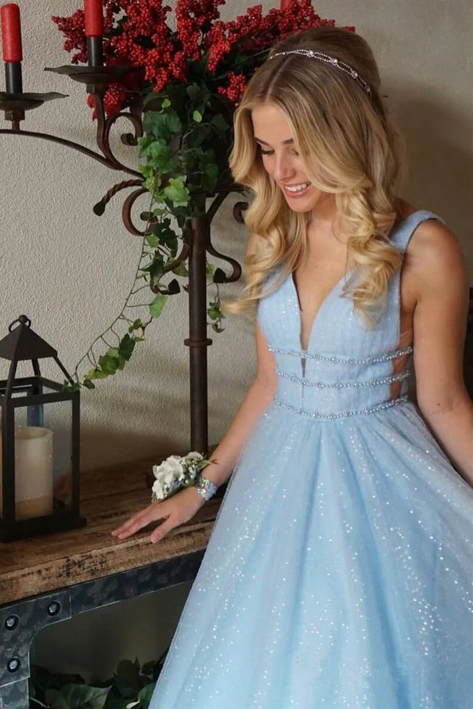 A Line Deep V Neck Ball Gown Prom Dresses Open Back White Evening Dresses gh2139s mysite
