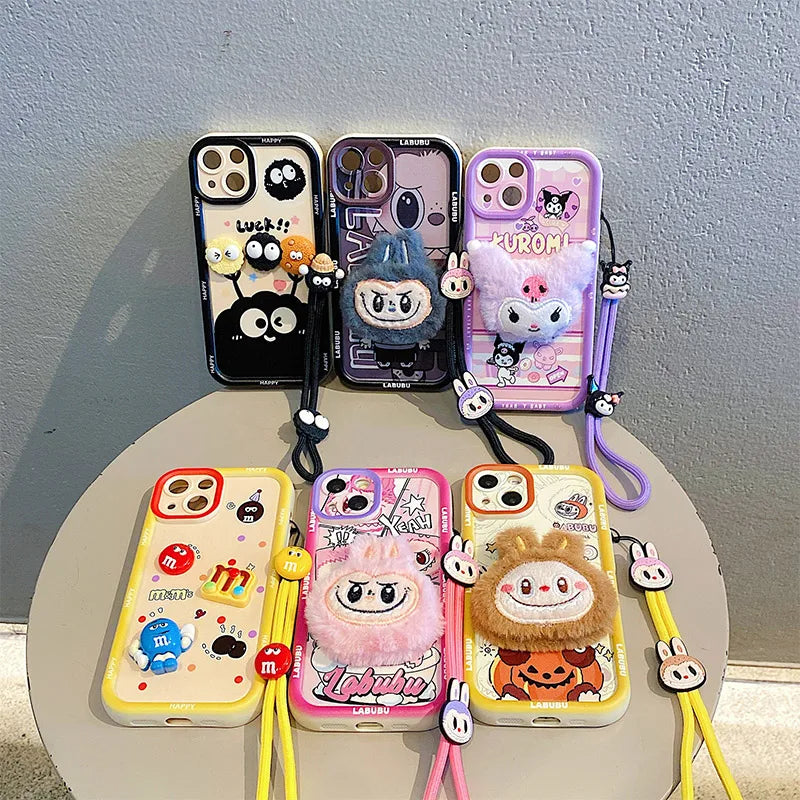 3D Cartoon Labubu Fur Phone Case for Samsung With Strap Plush Kuromi Toy Soft Covers mysite