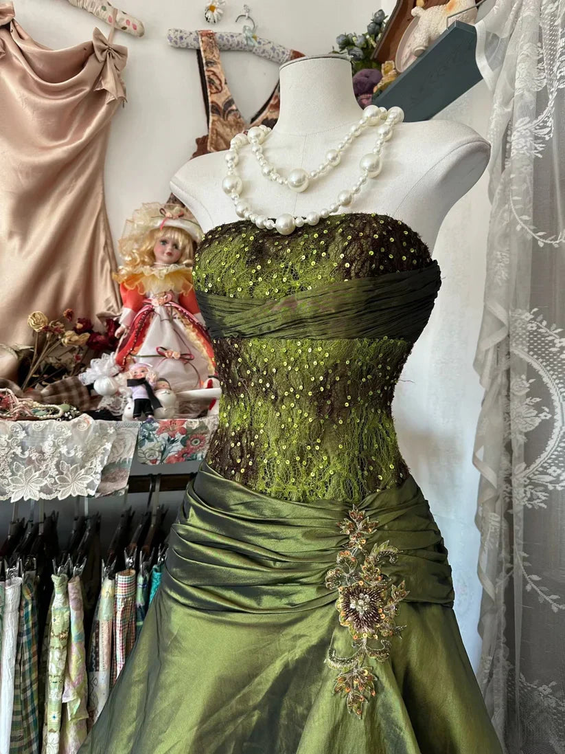 Olive Green Elegant Exquisite Beading Long Satin Vintage Fashion Mermaid Off-the-shoulder Floor-length Evening Gown Ball Gown Prom Dress Ball Gown gh3813s mysite