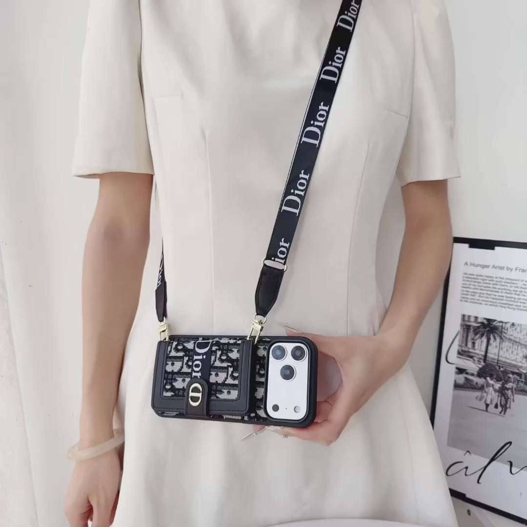Dior Leather Phone Case With Card Wallet And Strap For iPhone 17 / 16 / 15 / 14s mysite
