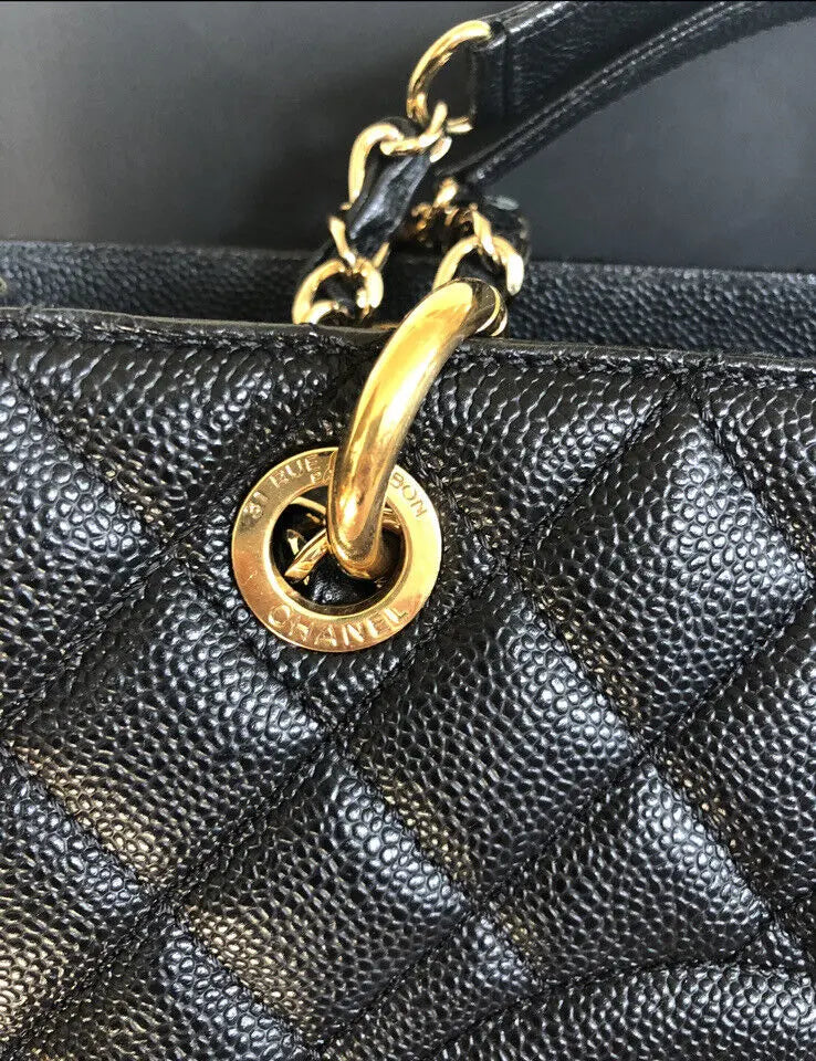 Authentic Chanel CC BlackGold Caviar Quilted Grand Shopping Tote mysite