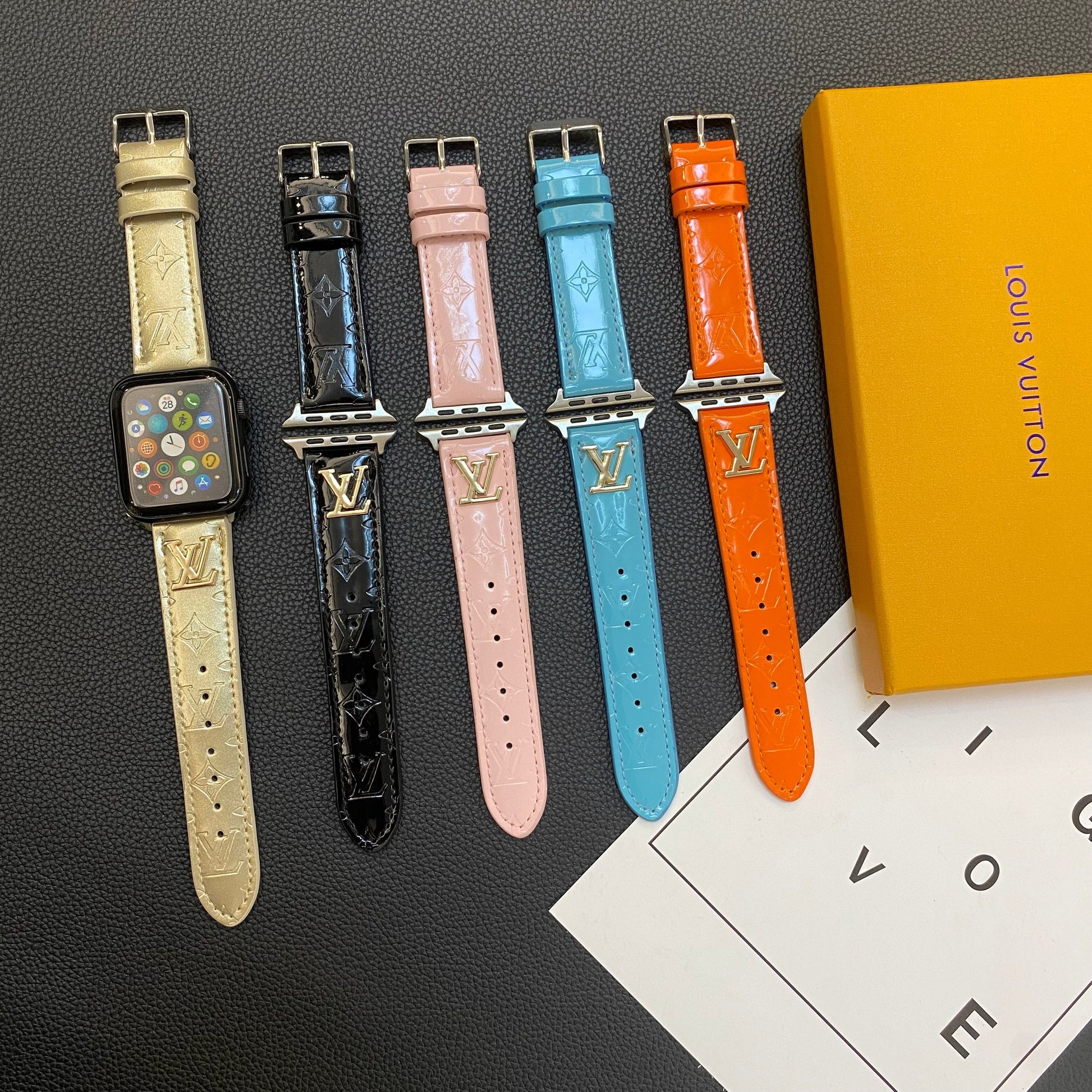 GLOSSY LEATHER APPLE WATCH STRAP LUXURY METAL LOGOs-1 mysite