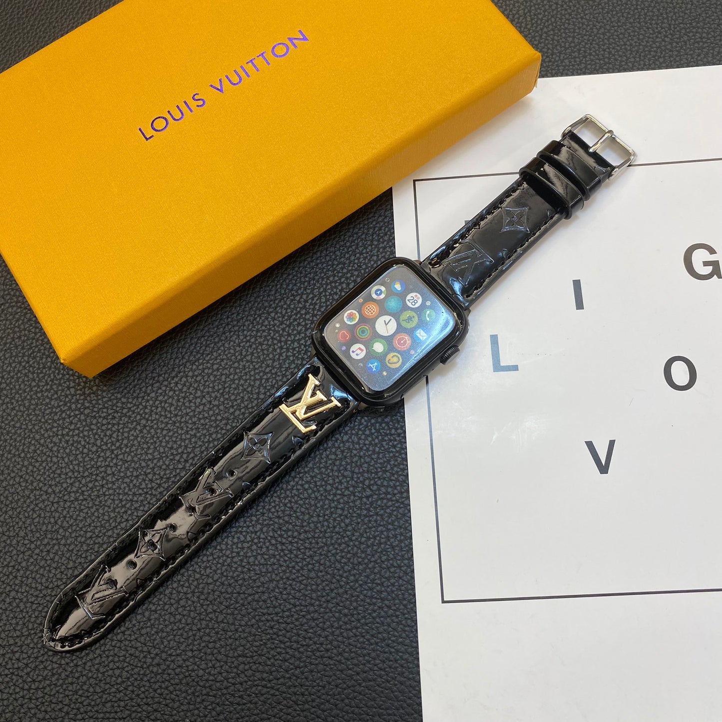GLOSSY LEATHER APPLE WATCH STRAP LUXURY METAL LOGOs-1 mysite