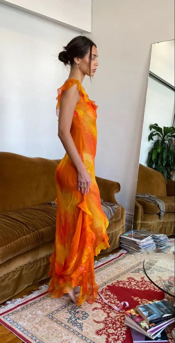 Orange Fashion Gradient Spaghetti Strap Long Ruffle Elegant Chiffon Ball Gown prom dress Evening Dress Holiday Party Dress gh3319s mysite