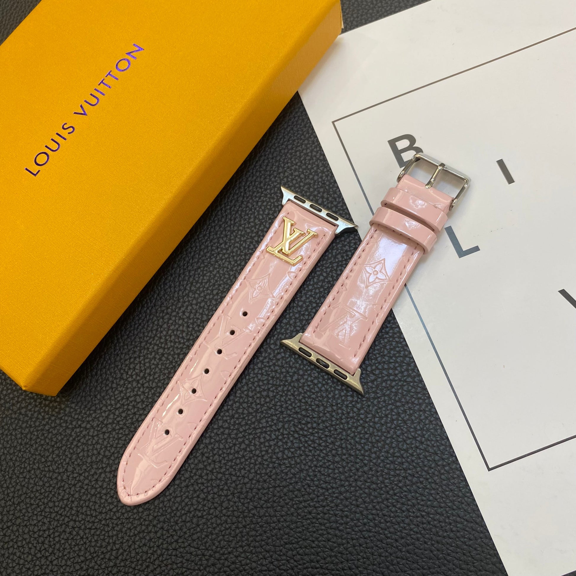 GLOSSY LEATHER APPLE WATCH STRAP LUXURY METAL LOGOs-1 mysite