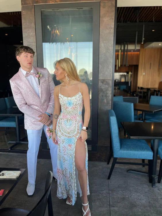 White gorgeous shiny exquisite beaded spaghetti strap sequined backless long chiffon ball gown prom dress evening gown holiday party dress gh2799s mysite