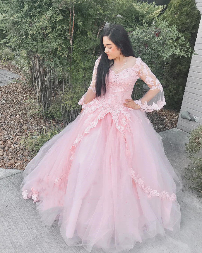 Princess Tulle Pink Puffy Long Sleeve Ball Gown Prom Dress, Sweet Quinceanera Dress   cg10574s mysite