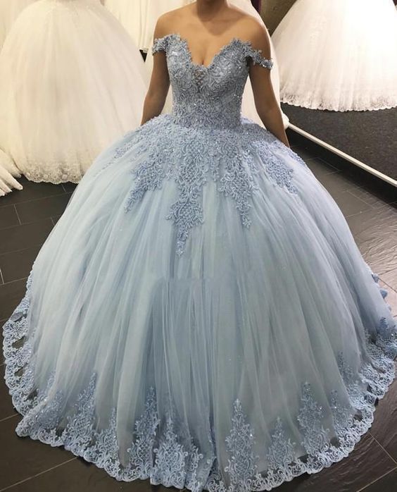 Blue Tulle Appliques Quinceanera Dress Off Shoulder Ball Gown Prom Dresses    cg11474s mysite