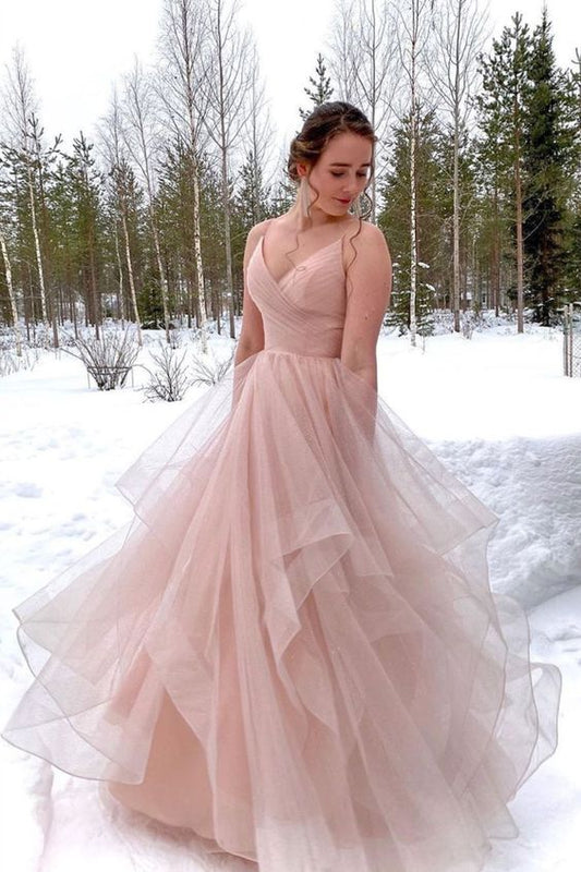 straps v neck pink long ball gown prom dress with cascade   cg11562s mysite