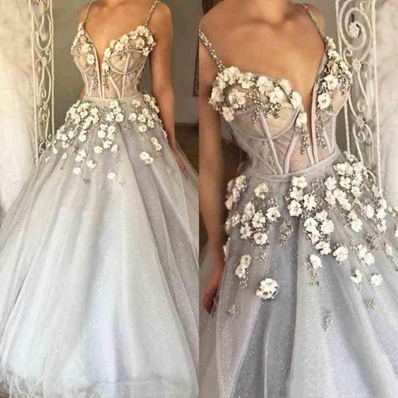 Customize Ball Gown Prom Dress Grey Spaghetti V-Neck Tulle Illusion Aline Flowers Dress Evening Wear Formal Dress Elegant  cg11732s mysite