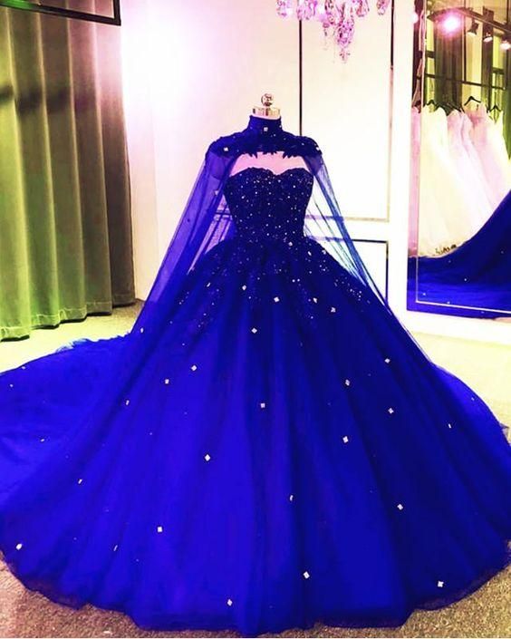 Royal Blue Tulle Ball Gown Prom Dress With Cape    cg12020s mysite