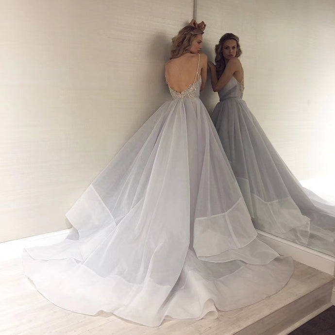 Sexy Backless Straps Gray Tulle Beading Ball Gown Prom Dress Graduation Party Gowns   cg13297s mysite