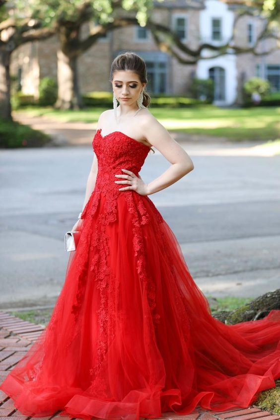 strapless red A-line tulle and lace long ball gown prom dress    cg17242s mysite