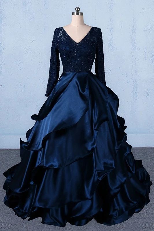 Formal V-neck Beading Lace Satin Backless Ball Gown Prom Dresses With Sleeves   cg21639s mysite