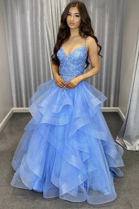 Blue lace long ball gown prom dress A line formal dress     cg22049s mysite