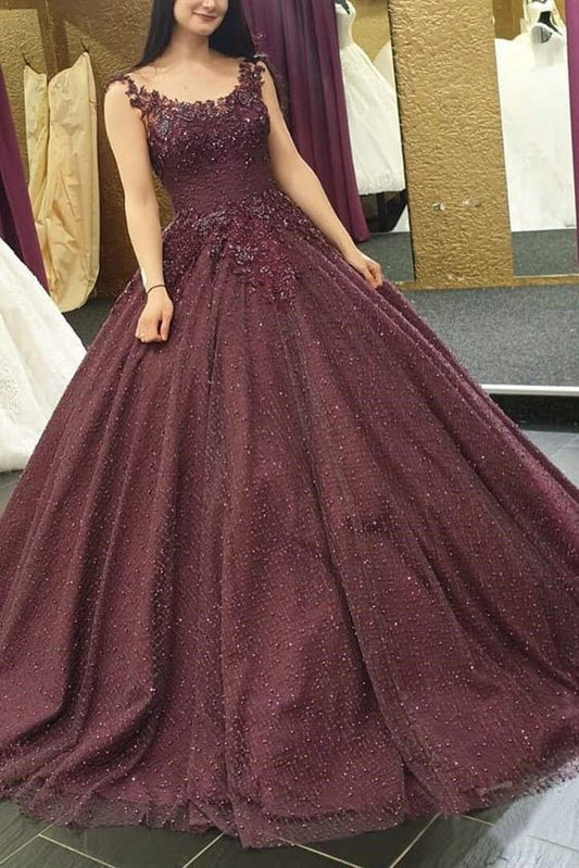 Burgundy Long Formal Ball Gown Prom Dresses With Lace Applique    cg22217s mysite