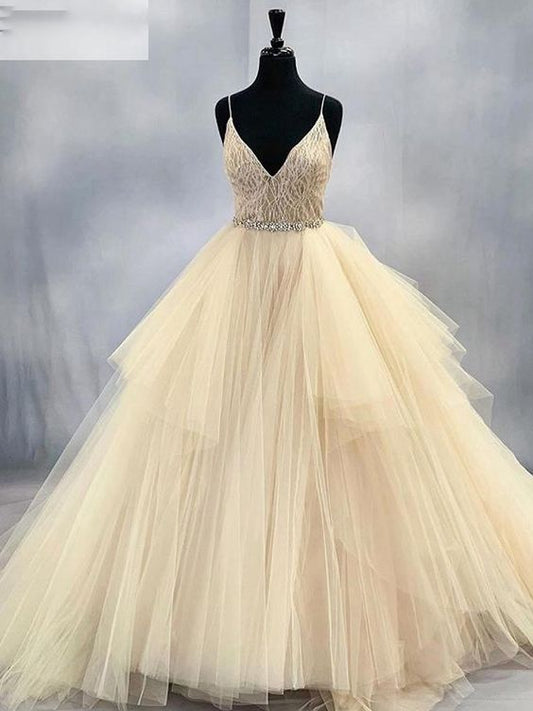 Tulle Lace Beading V-Neck Spaghetti Straps Sleeveless Floor-Length Ball Gown prom dress Wedding Dress   cg22417s mysite
