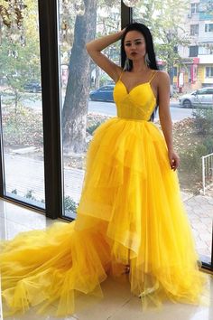 Unique Straps Yellow Ball Gown prom dress with Train   cg6091s mysite