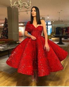 Sparkling Red Sequin Ball Gown Prom Dresses with One Shoulder Tea Length Puffy  cg6916s mysite