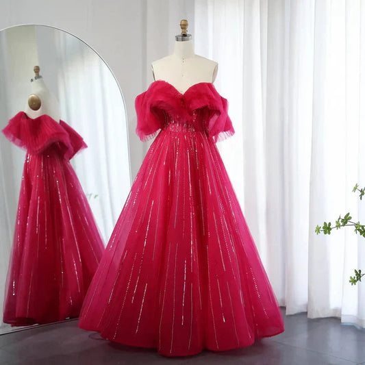 Rose red Off the Shoulder Sequin Rhinestone Tulle Long Ball Gown Prom Dress SH1835s mysite