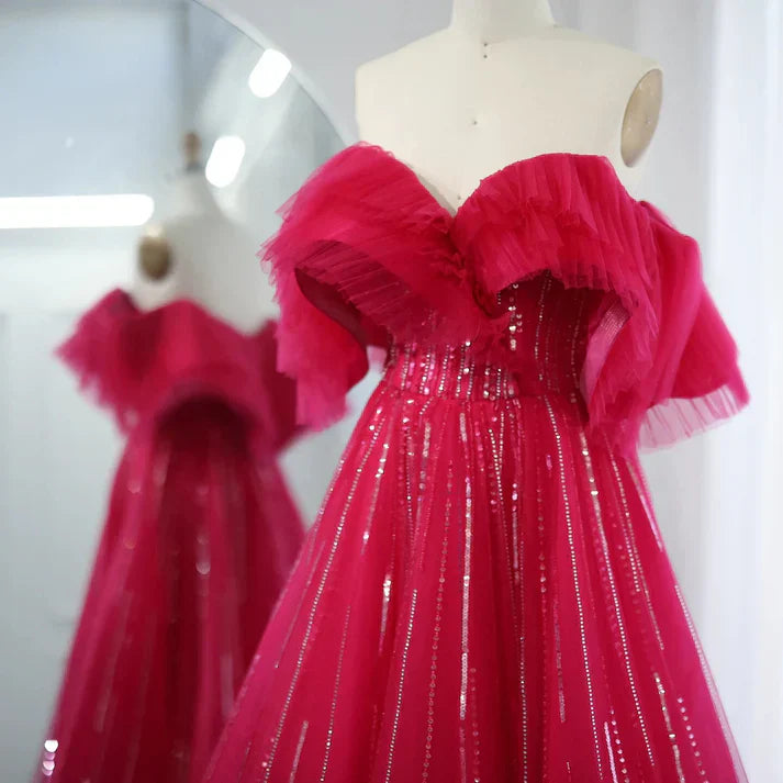 Rose red Off the Shoulder Sequin Rhinestone Tulle Long Ball Gown Prom Dress SH1835s mysite