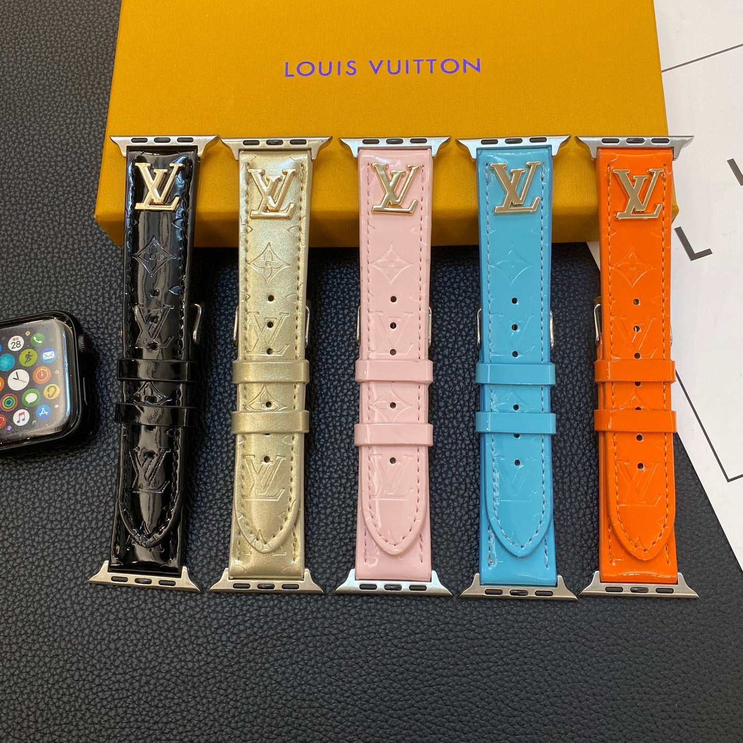 GLOSSY LEATHER APPLE WATCH STRAP LUXURY METAL LOGOs-1 mysite